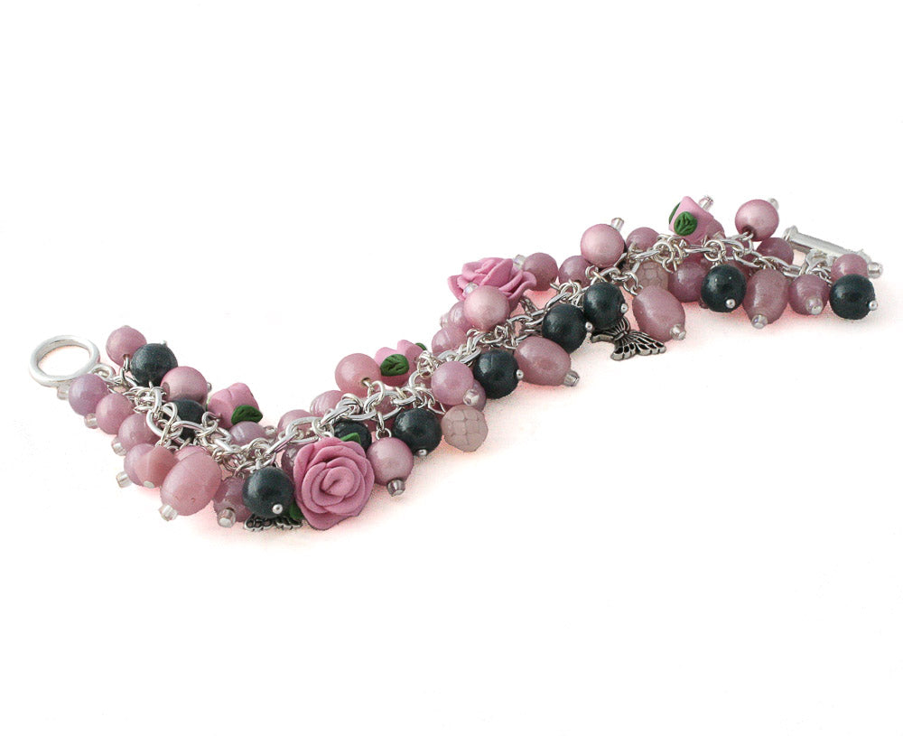 Commission - Pink & navy floral charm bracelet