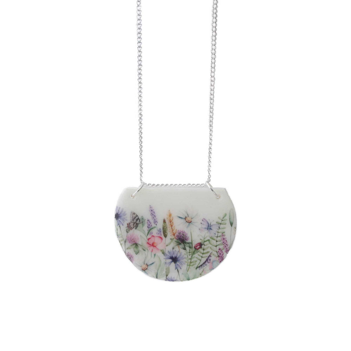White Bib Pendant Necklace with Flower Meadow Print | Limited Edition