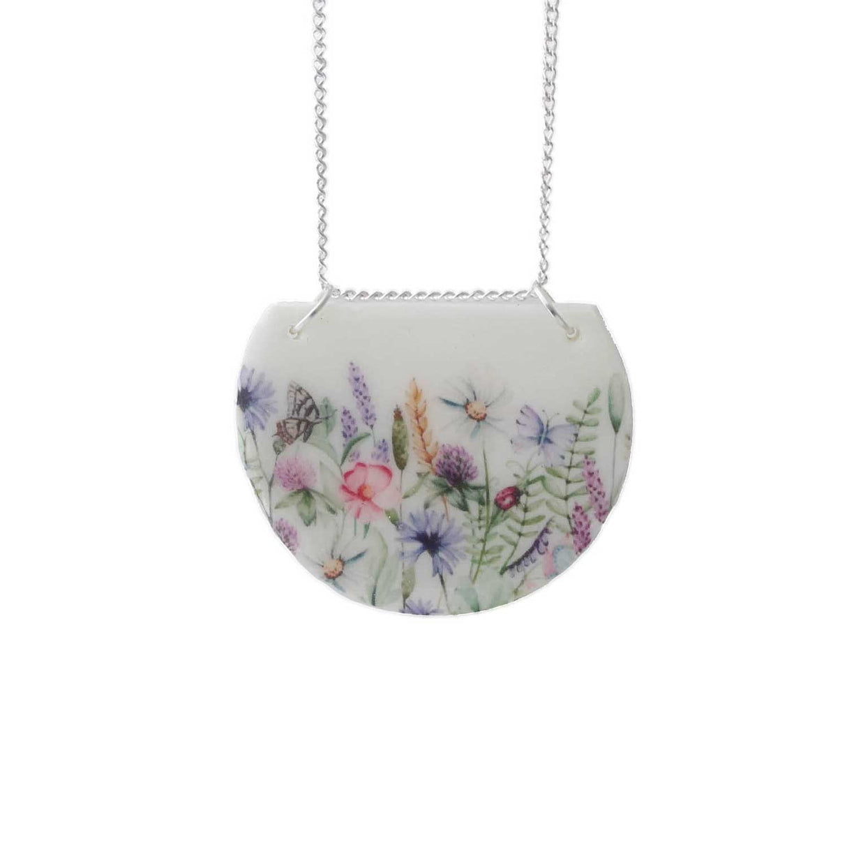 White Bib Pendant Necklace with Flower Meadow Print | Limited Edition