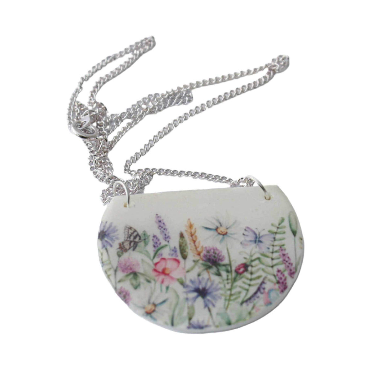 White Bib Pendant Necklace with Flower Meadow Print | Limited Edition
