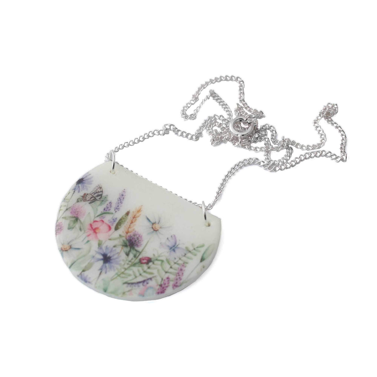 White Bib Pendant Necklace with Flower Meadow Print | Limited Edition