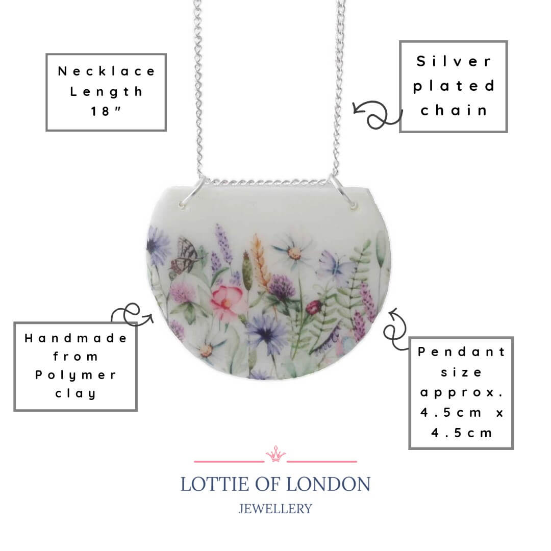 White Bib Pendant Necklace with Flower Meadow Print | Limited Edition