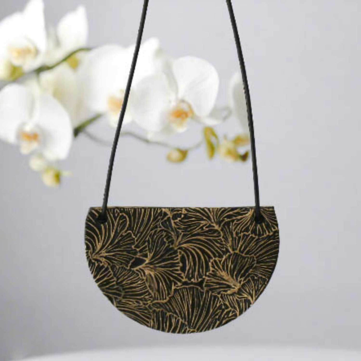 Bib Pendant Necklace with Black & Gold Ginkgo Design