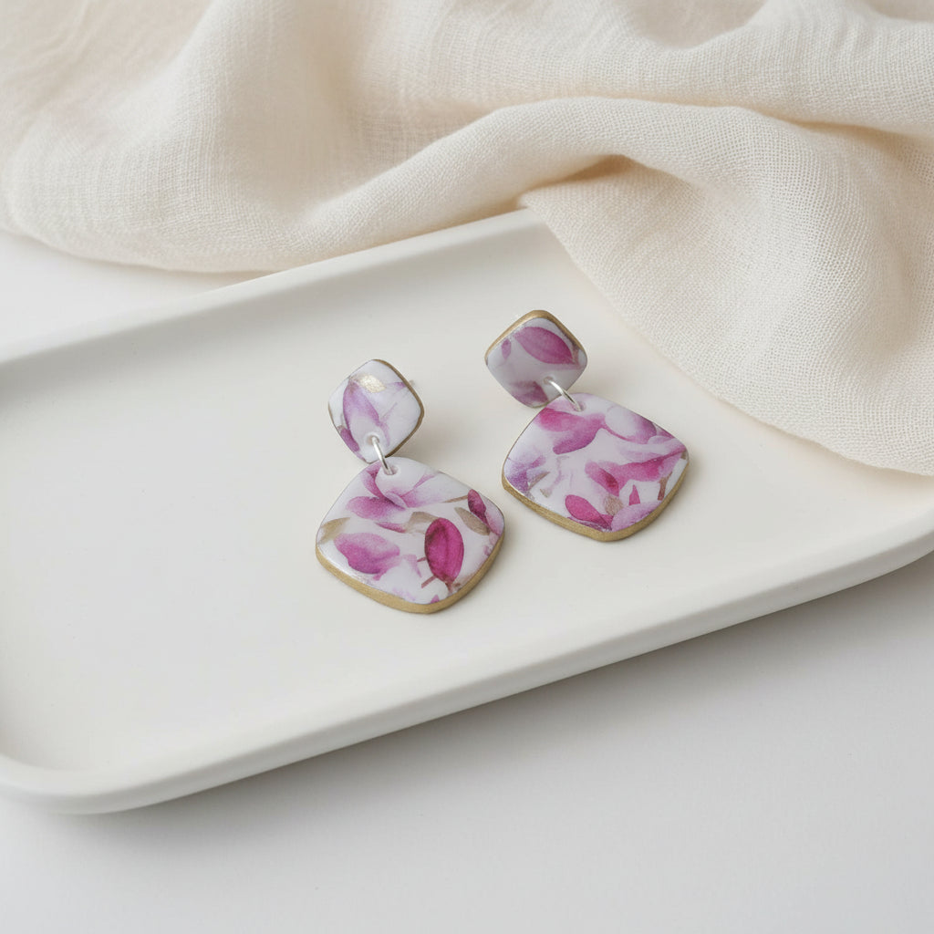 Purple Drop Earrings for Women with Floral Print | Limited Edition - Lottie Of London Jewellery