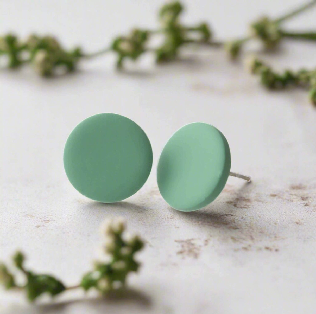 Round Stud Earrings for Women in Sage Green | Minimalist Clay Jewellery