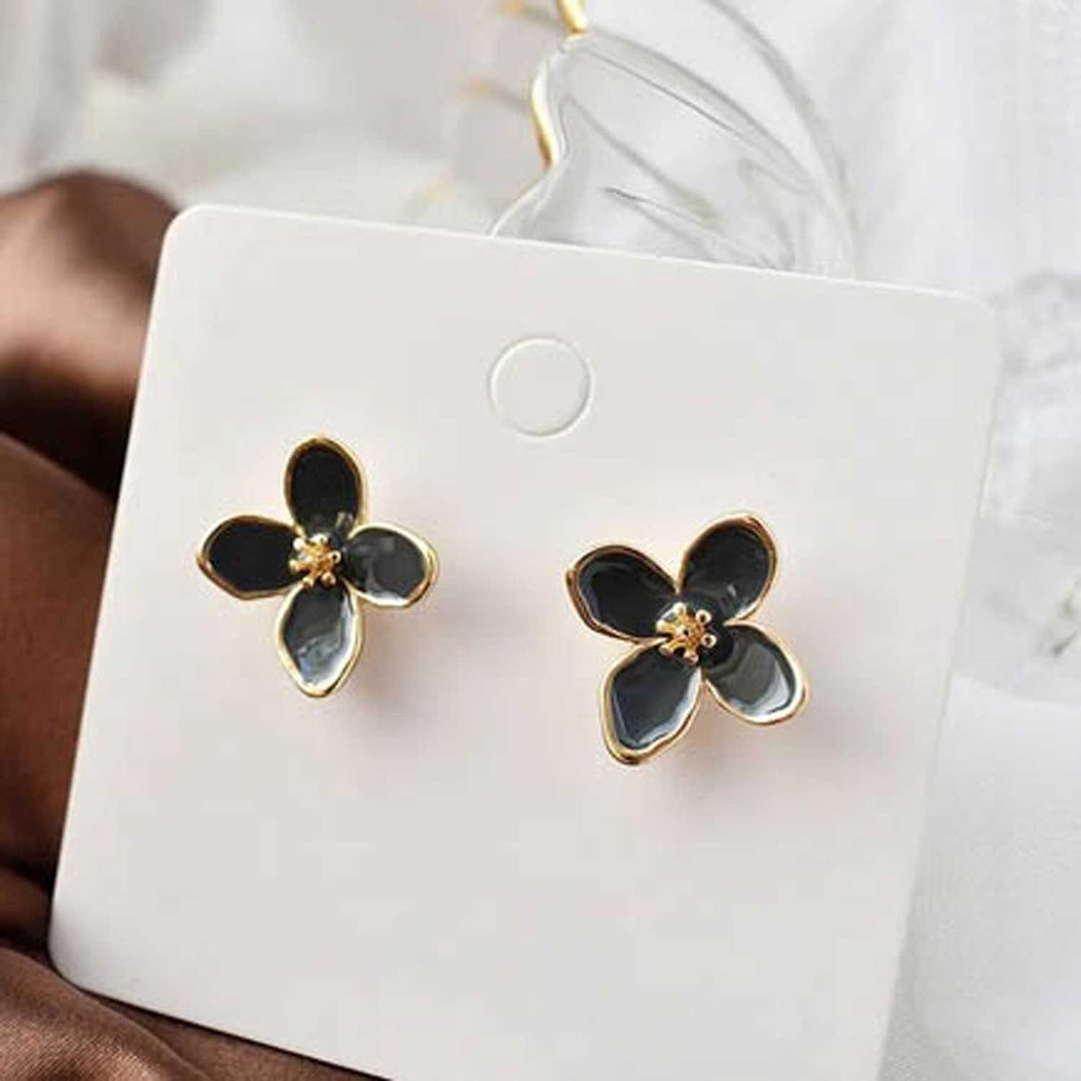 Black Enamel Flower Stud Earrings for Women