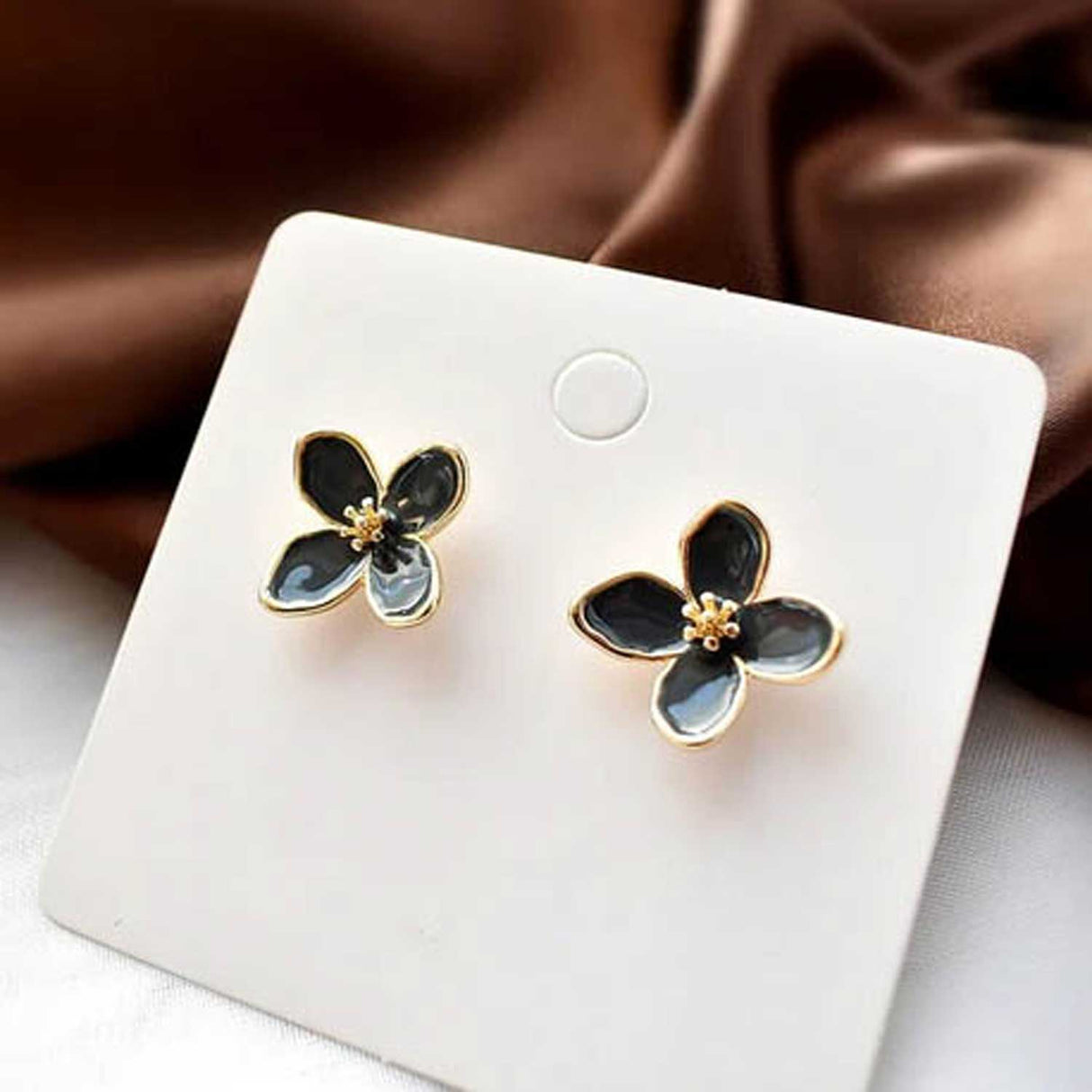 Black Enamel Flower Stud Earrings for Women
