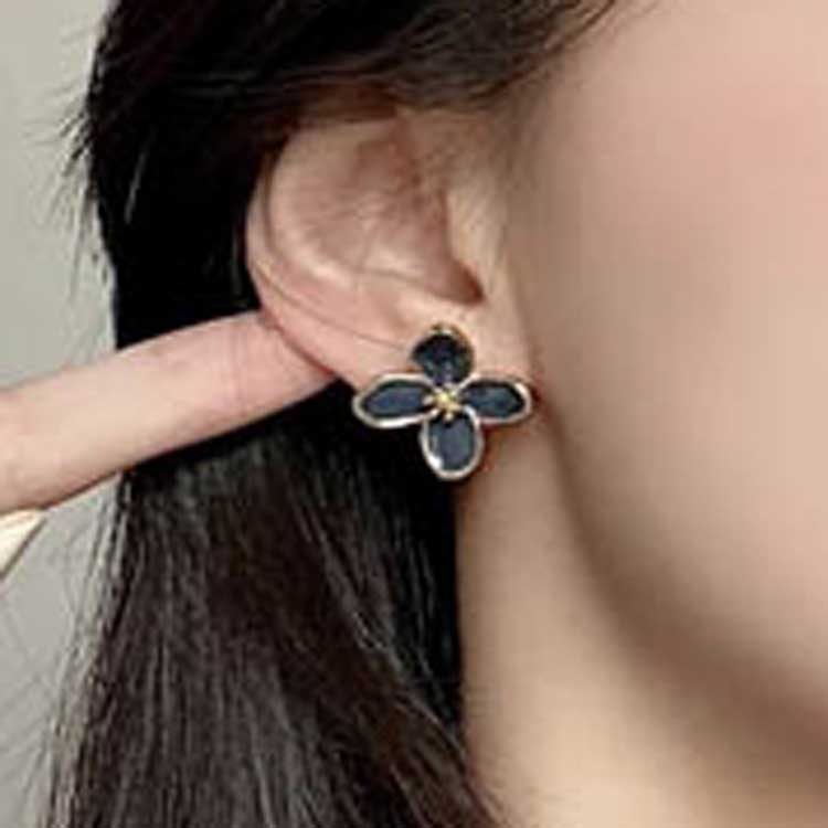 Black Enamel Flower Stud Earrings for Women