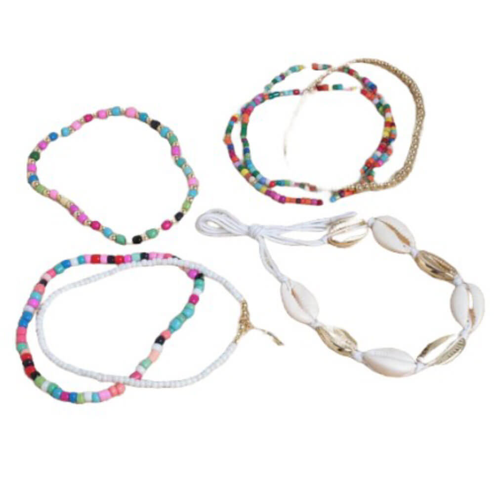 multi coloured seashell bracelet stack - lottie of london jewellery uk
