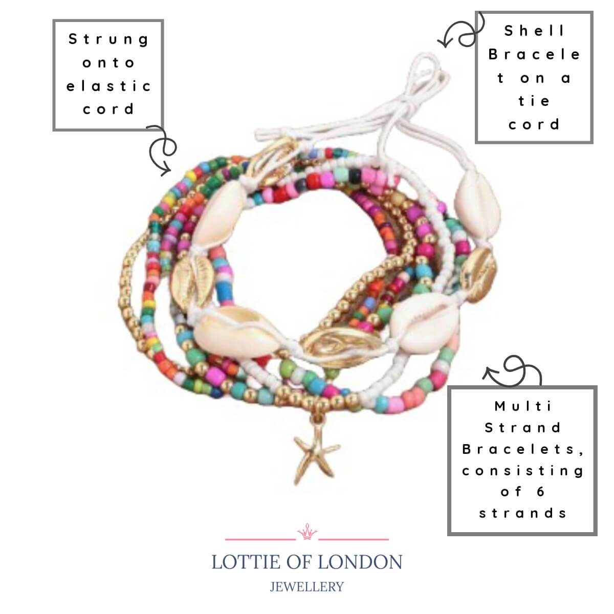 multi coloured seashell stacking bracelet size - lottie of london jewellery uk