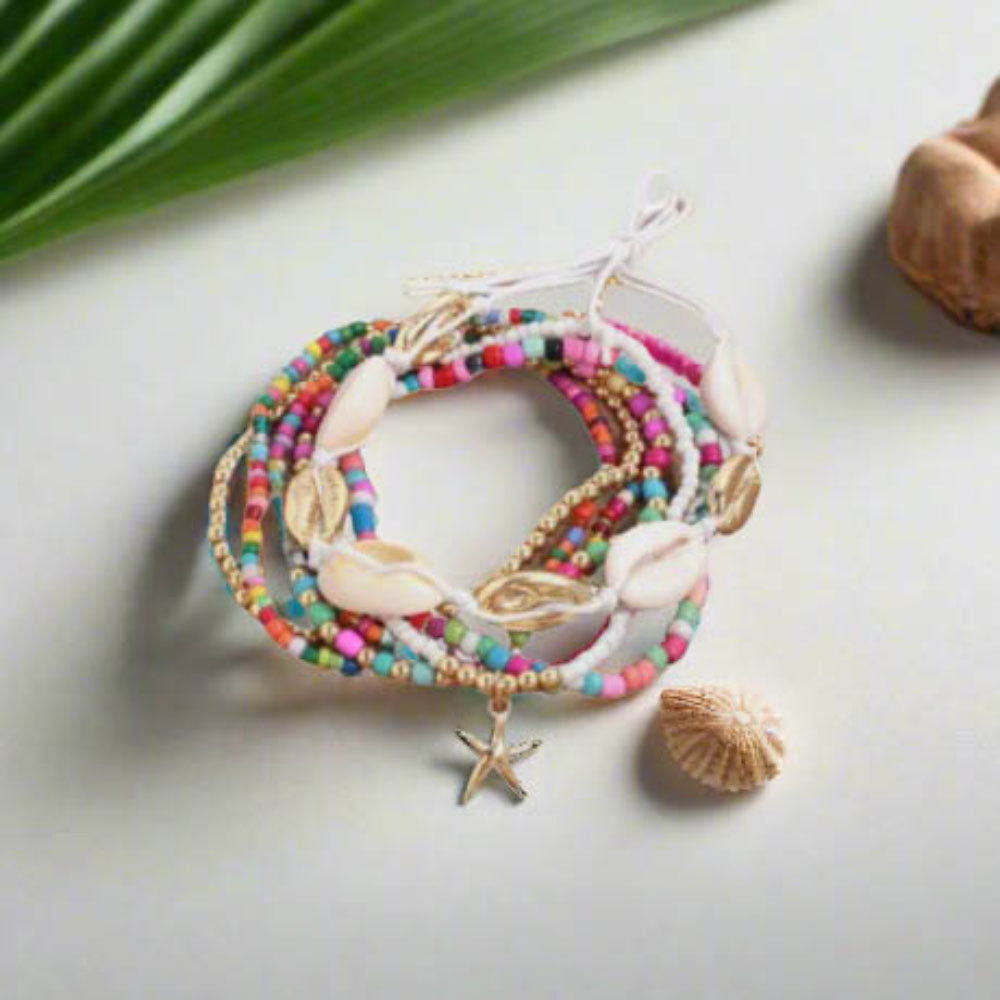 multi coloured seashell bracelet stack - lottie of london jewellery uk