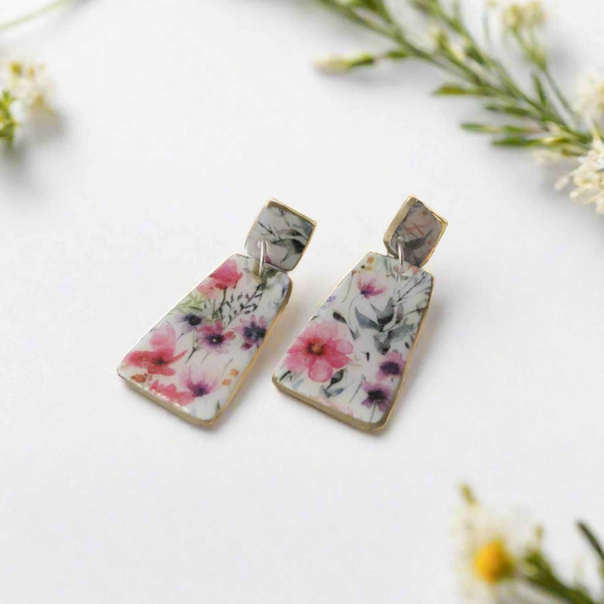 Geometric Drop Earrings for Women in Floral Print | Limited Edition
