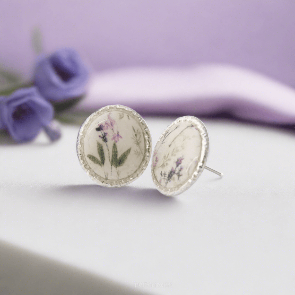 Circle Stud Earrings for Women in White with Floral Print | Limited Edition