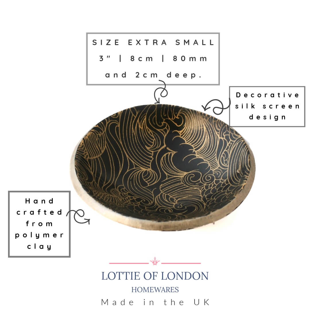 Small Trinket Dish or Ring Holder in Black & Gold | Wave Design