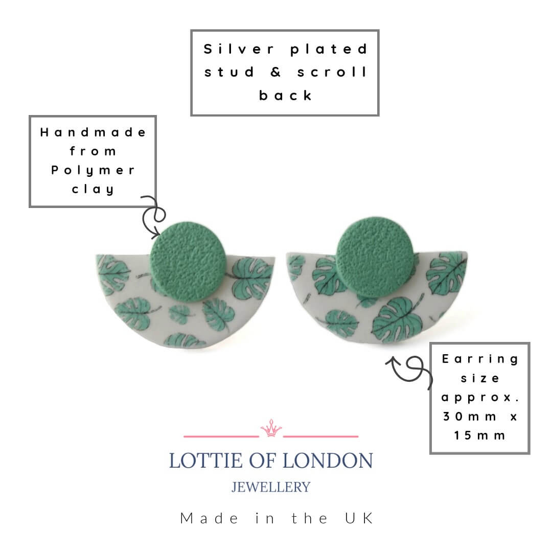 Art Deco Stud Earrings with Monstera Leaf Print