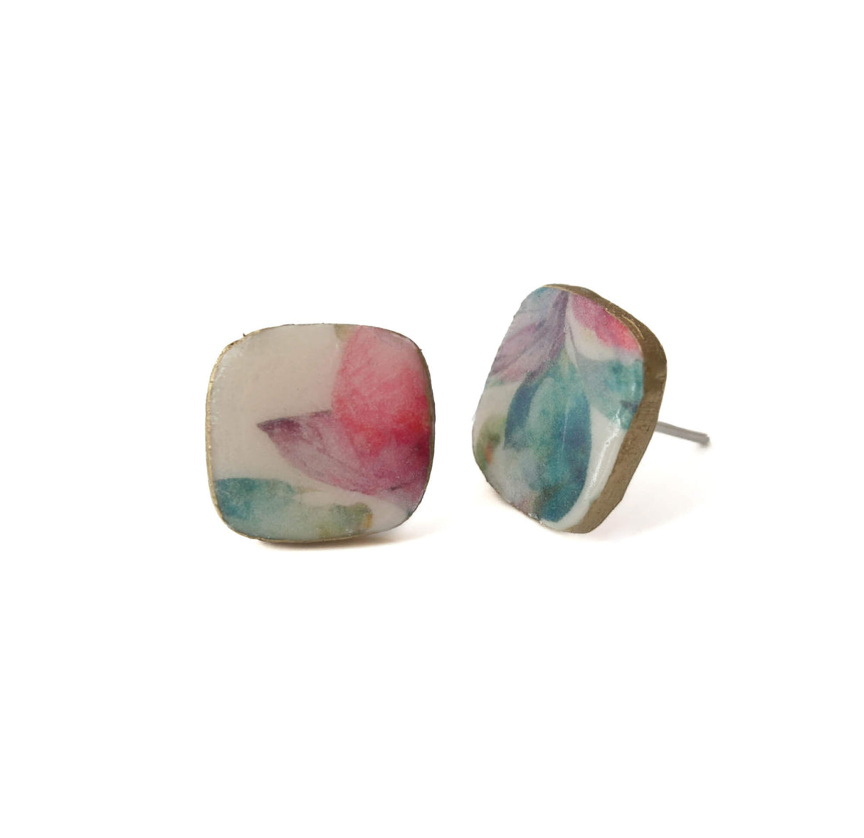 Square Stud Earrings for Women with Floral Print