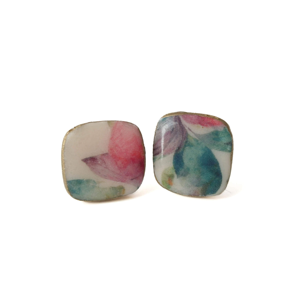Square Stud Earrings for Women with Floral Print