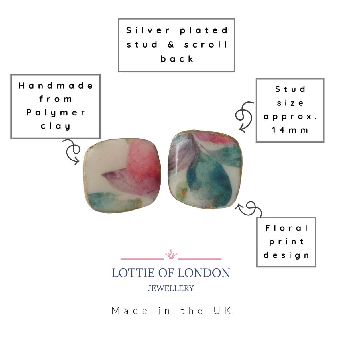 Square Stud Earrings for Women with Floral Print