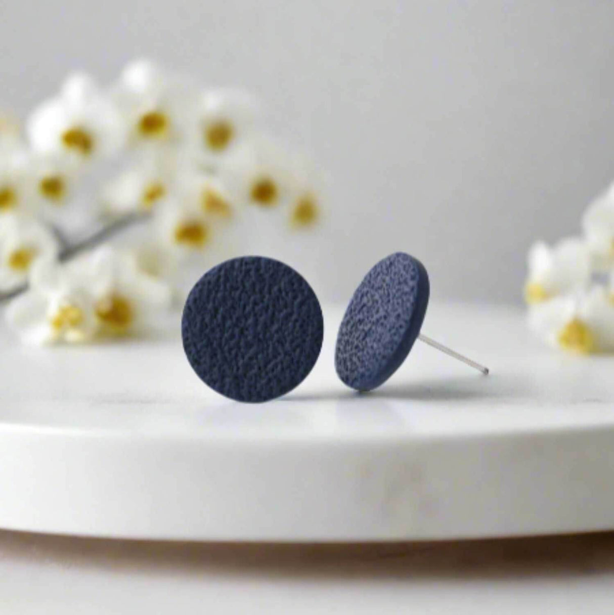 Navy Blue Round Stud Earrings for Women | Minimalist Clay Jewellery