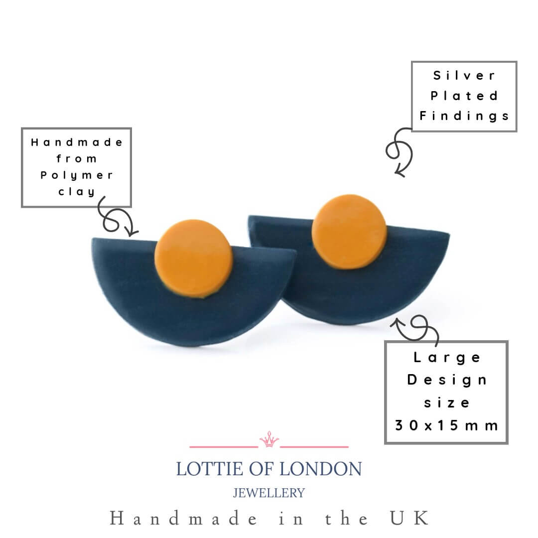 Navy Blue Statement Stud Earrings in Art Deco Style