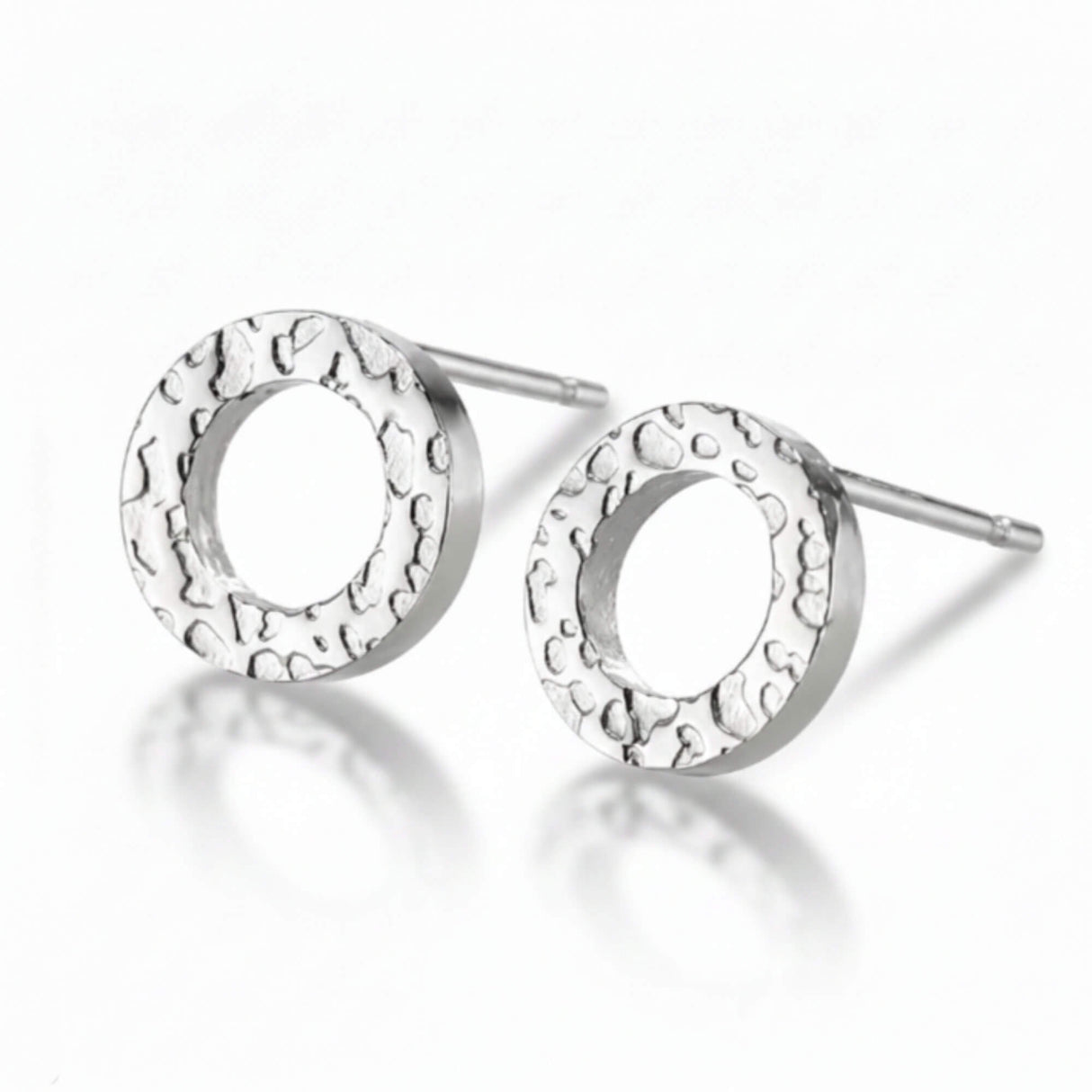Silver circle stud earrings with hammered texture