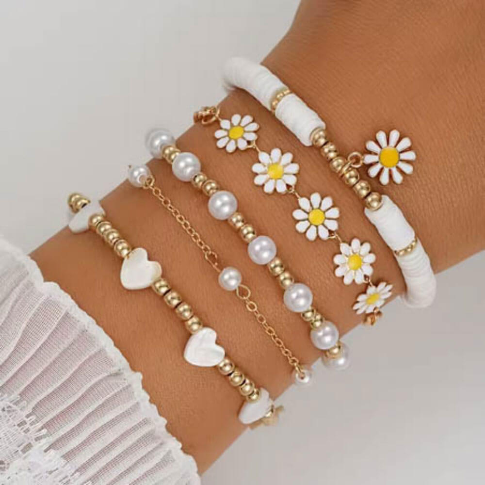 white daisy bracelet stack - lottie of london jewellery uk