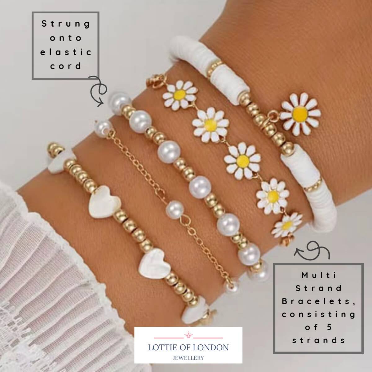 white daisy bracelet stack sizes - lottie of london jewellery uk