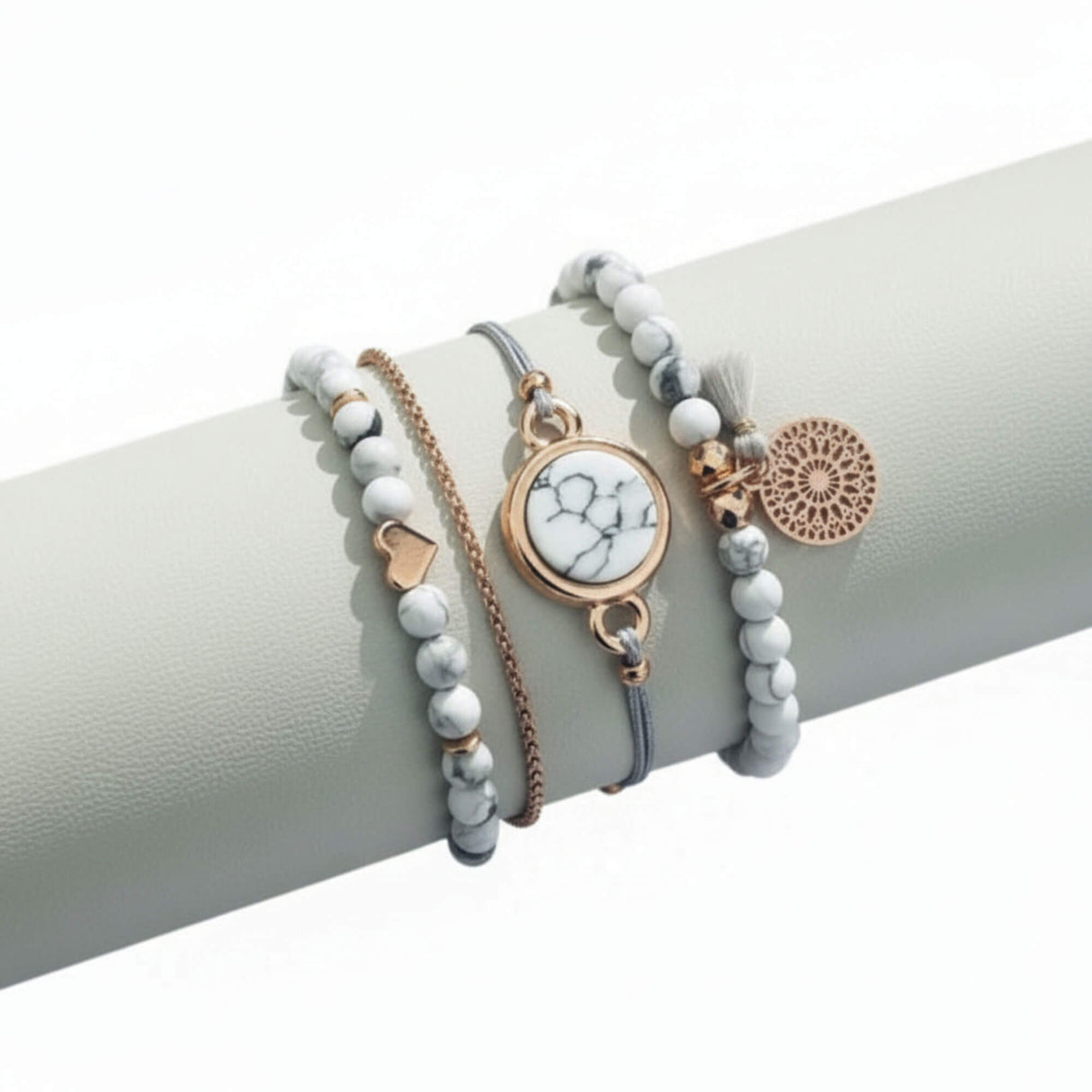 white and grey layered bracelet stack at Lottie of London
