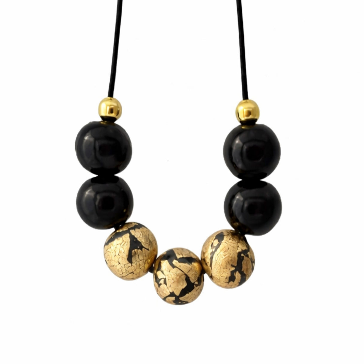 black and gold leaf bead necklace close up at Lottie of London jewellery