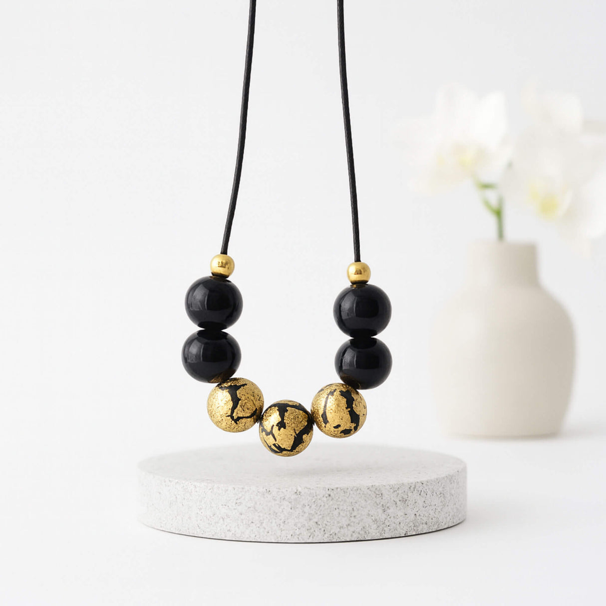 black and gold bead necklace - handmade at lottie of london jewellery