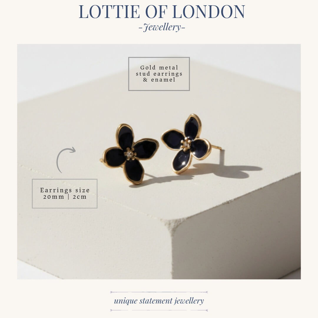 Black Enamel Flower Stud Earrings for Women