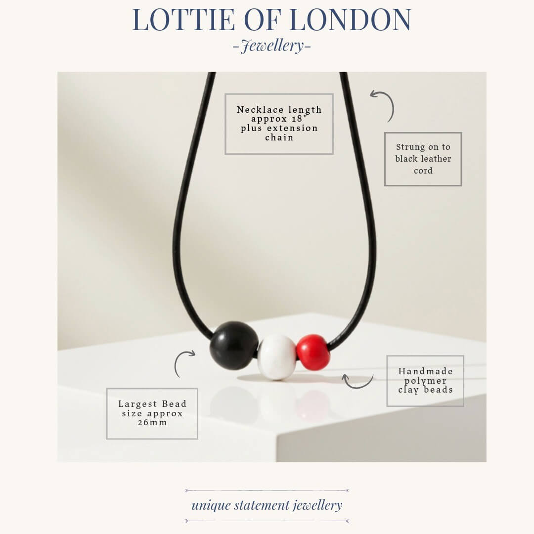 black white red bead necklace, infographics handmade at lottie of london