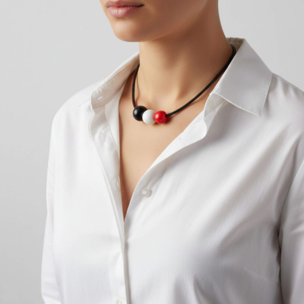 black white red bead necklace model shot handmade at lottie of london