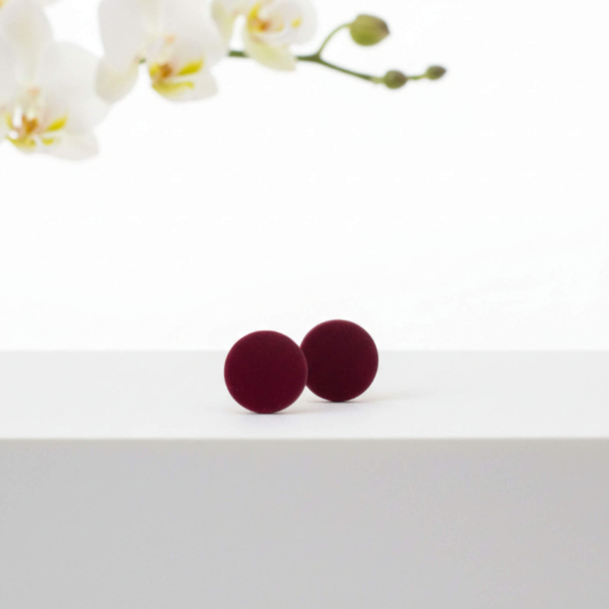 burgundy stud earrings, lifestyle, handmade at Lottie of London