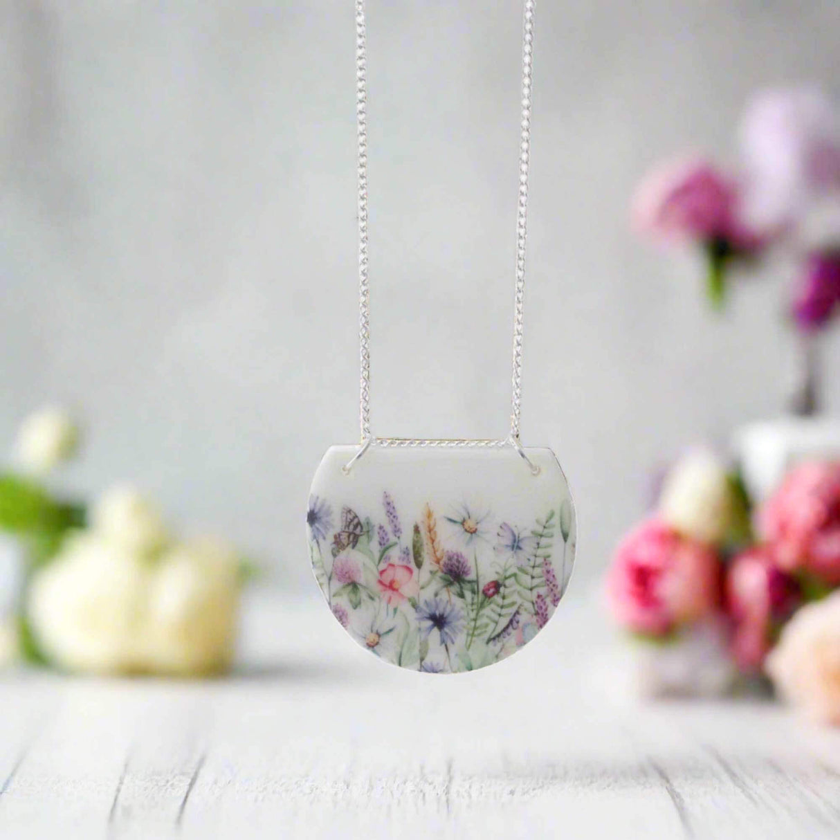 White Bib Pendant Necklace with Flower Meadow Print | Limited Edition