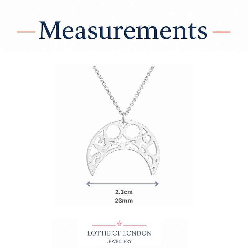silver crescent moon pendant necklace at lottie of london jewellery, infographics guide