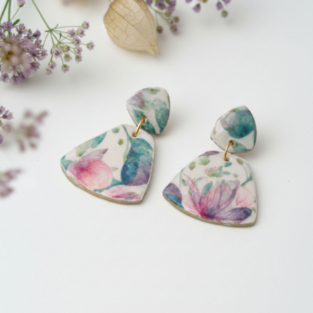 Vintage Floral Statement Drop Earrings, flat lay, Handmade Jewellery - Lottie Of London Jewellery