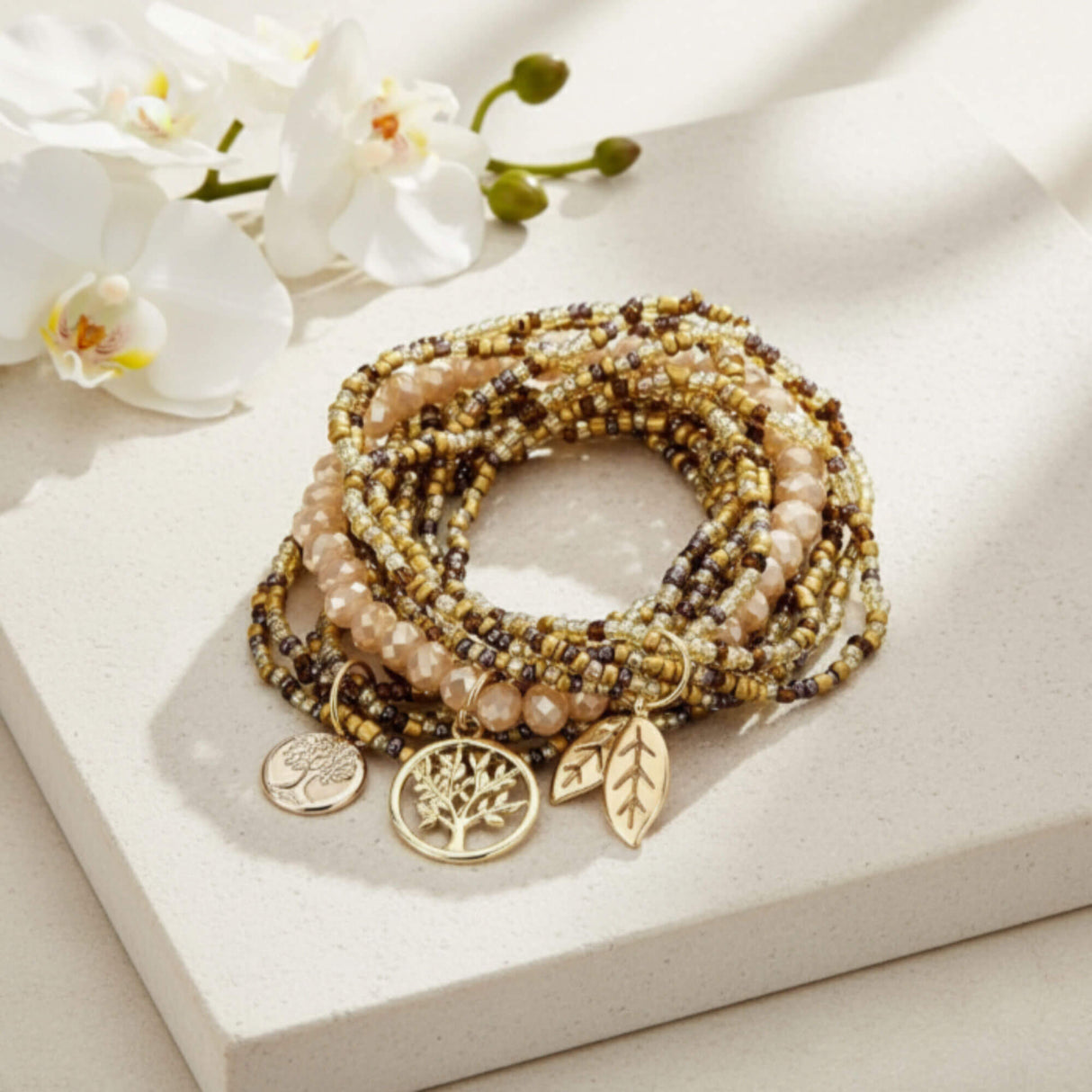 gold beaded bracelet stack at Lottie Of London