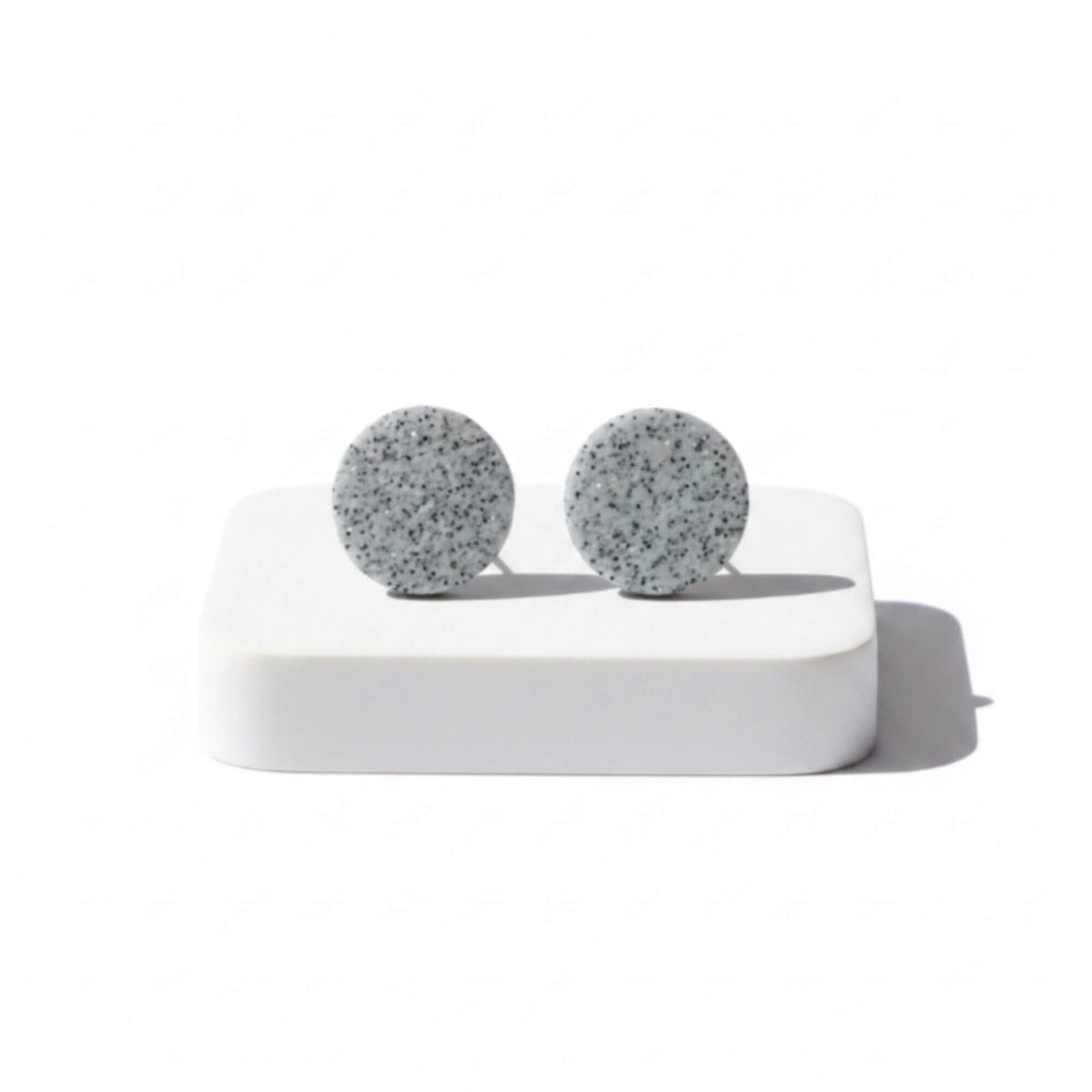 small granite grey stud earrings, handmade clay jewellery at Lottie of London, lifestyle image