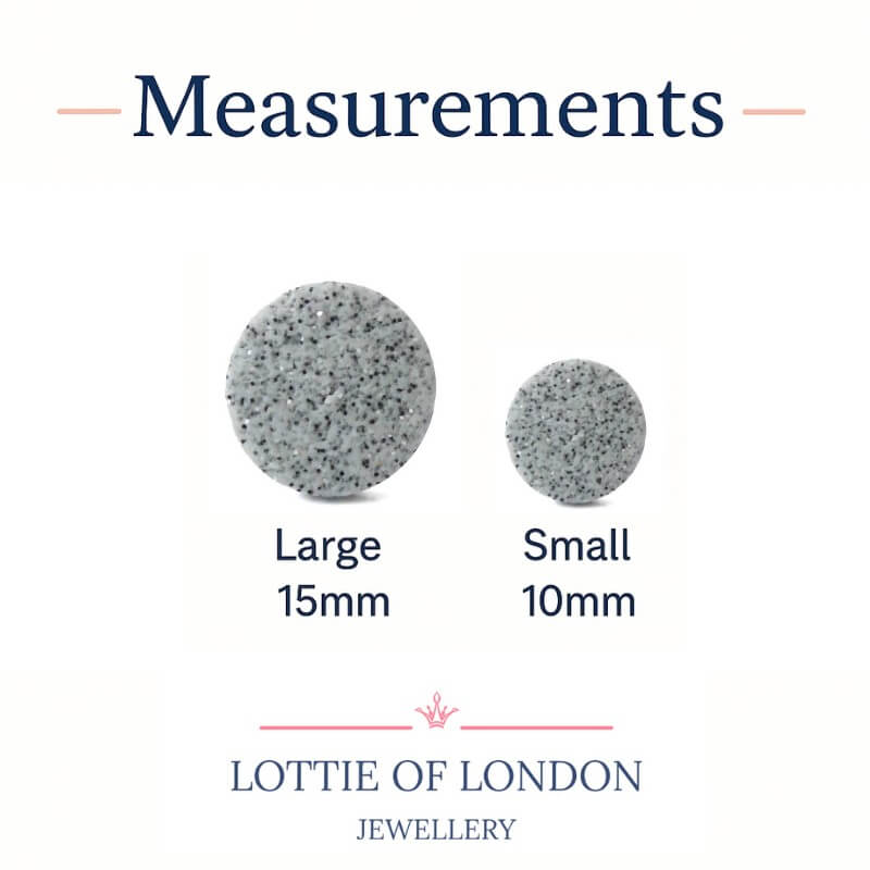 A size comparison graphic for Lottie of London Jewellery showing two circular stone settings labeled Large 15mm and Small 10mm under the heading 'Measurements'.