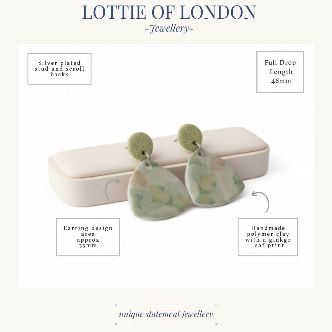 Green drop earrings, infographics, handmade jewellery at lottie of london