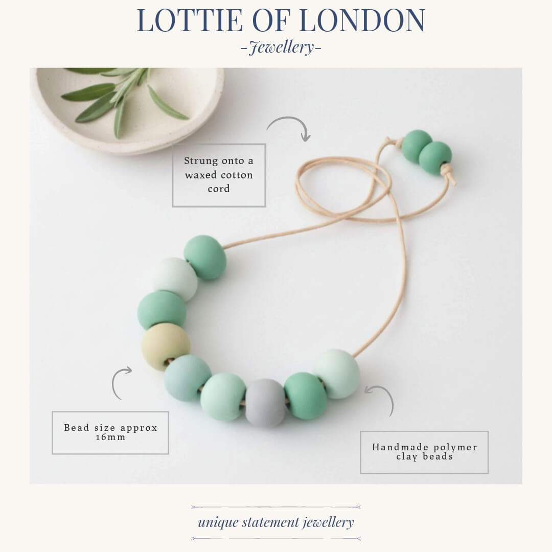 Long Bead Necklace in Green -infographics - Lottie Of London Jewellery