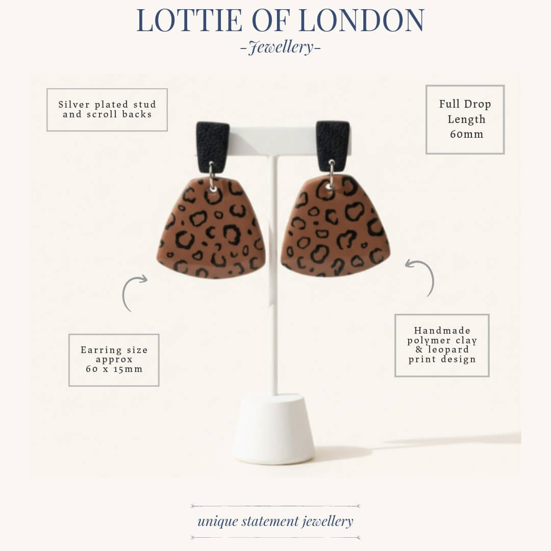leopard print drop earrings infographics handmade at Lottie Of London