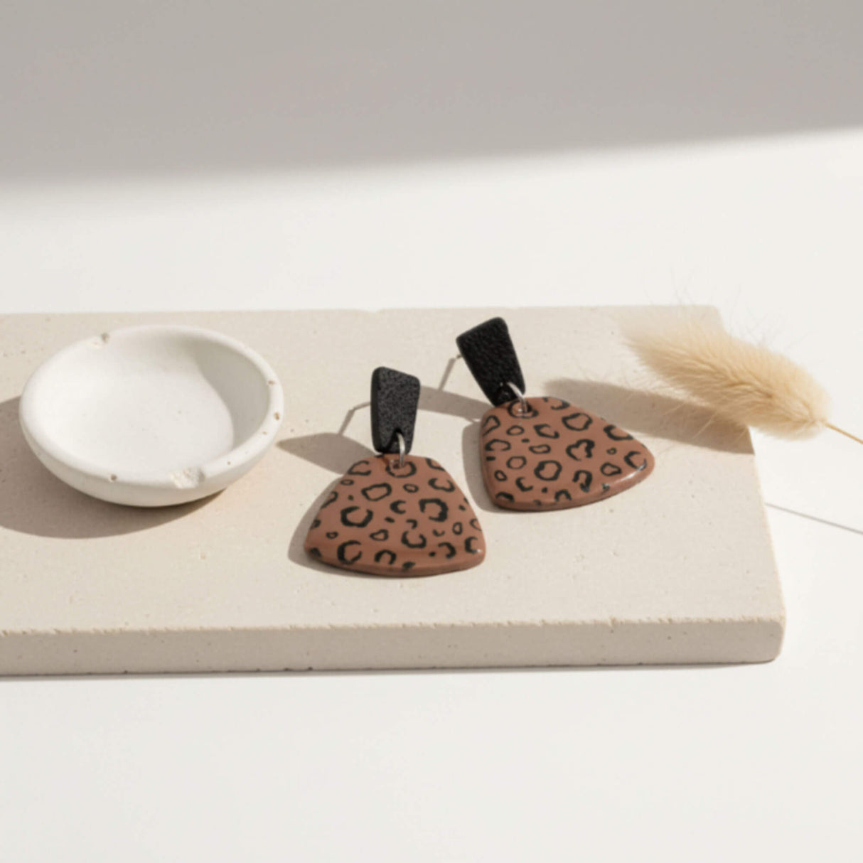 leopard print statement drop earrings lifestyle handmade at Lottie Of London