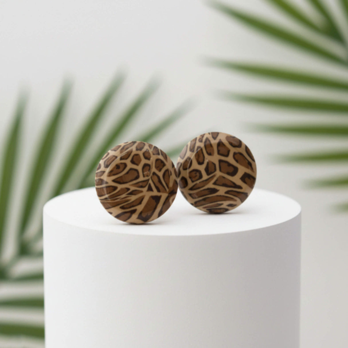 leopard print large stud earrings styled image, handmade at Lottie Of London