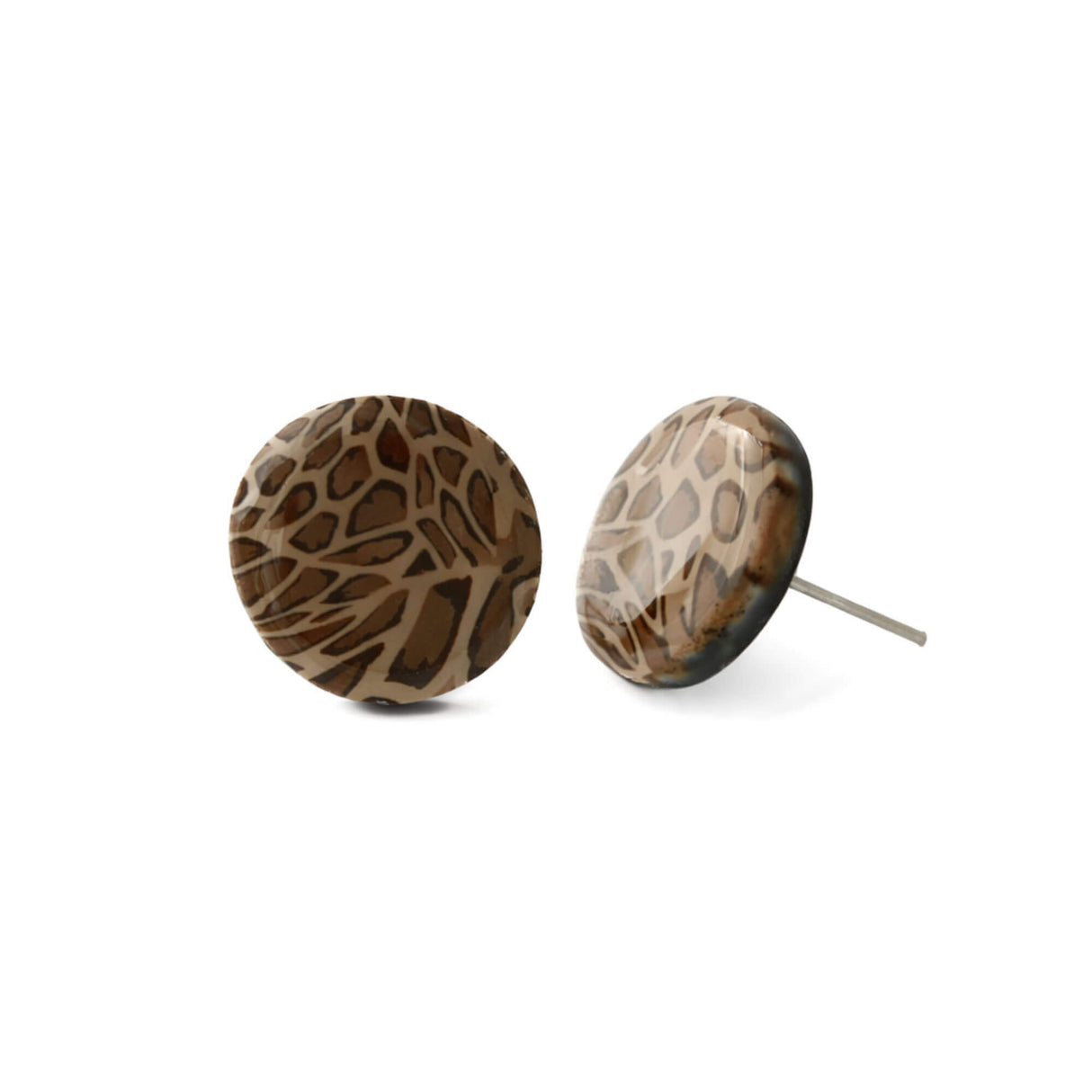 leopard print small stud earrings on white background, handmade at Lottie Of London