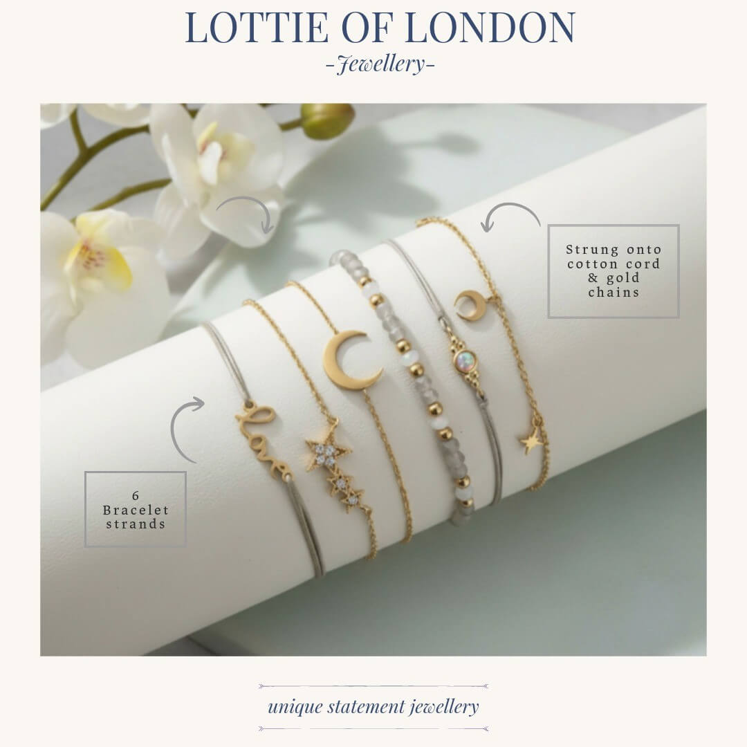 Moon and stars stacking bracelets infographics at Lottie Of London