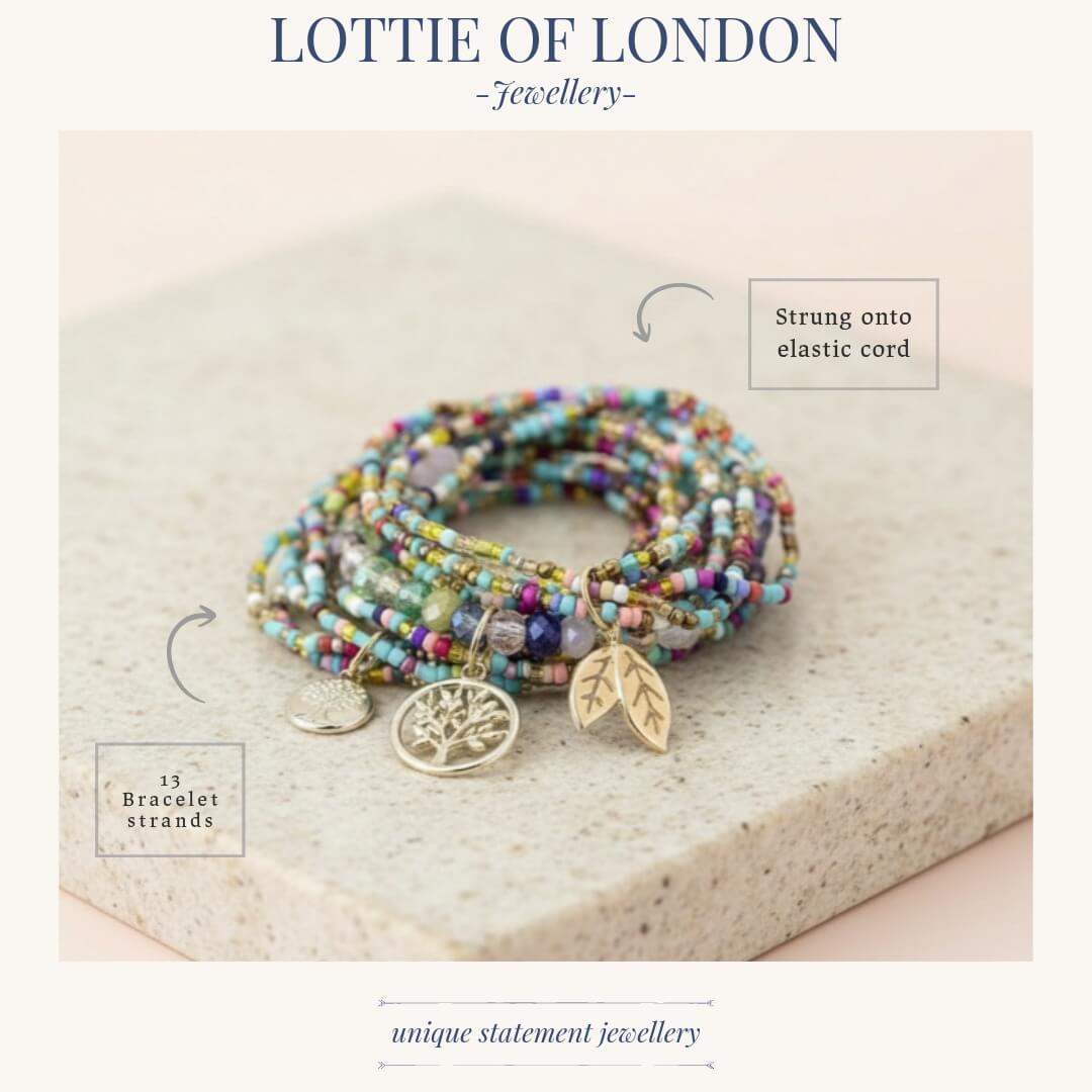 multi coloured stacking bracelet infographics at Lottie Of London