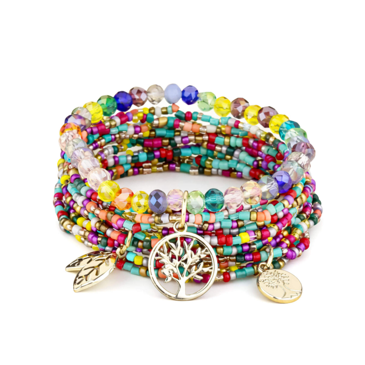 Multi-Colour Beaded Bracelet Stack with Gold Charms – Layered Bracelet Set - Lottie Of London Jewellery