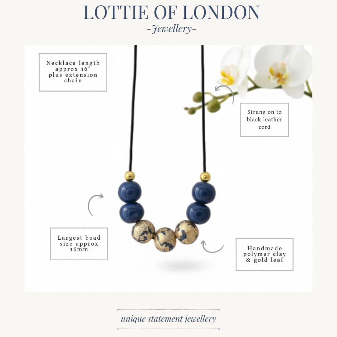 navy gold bead necklace infographics handmade at lottie of london